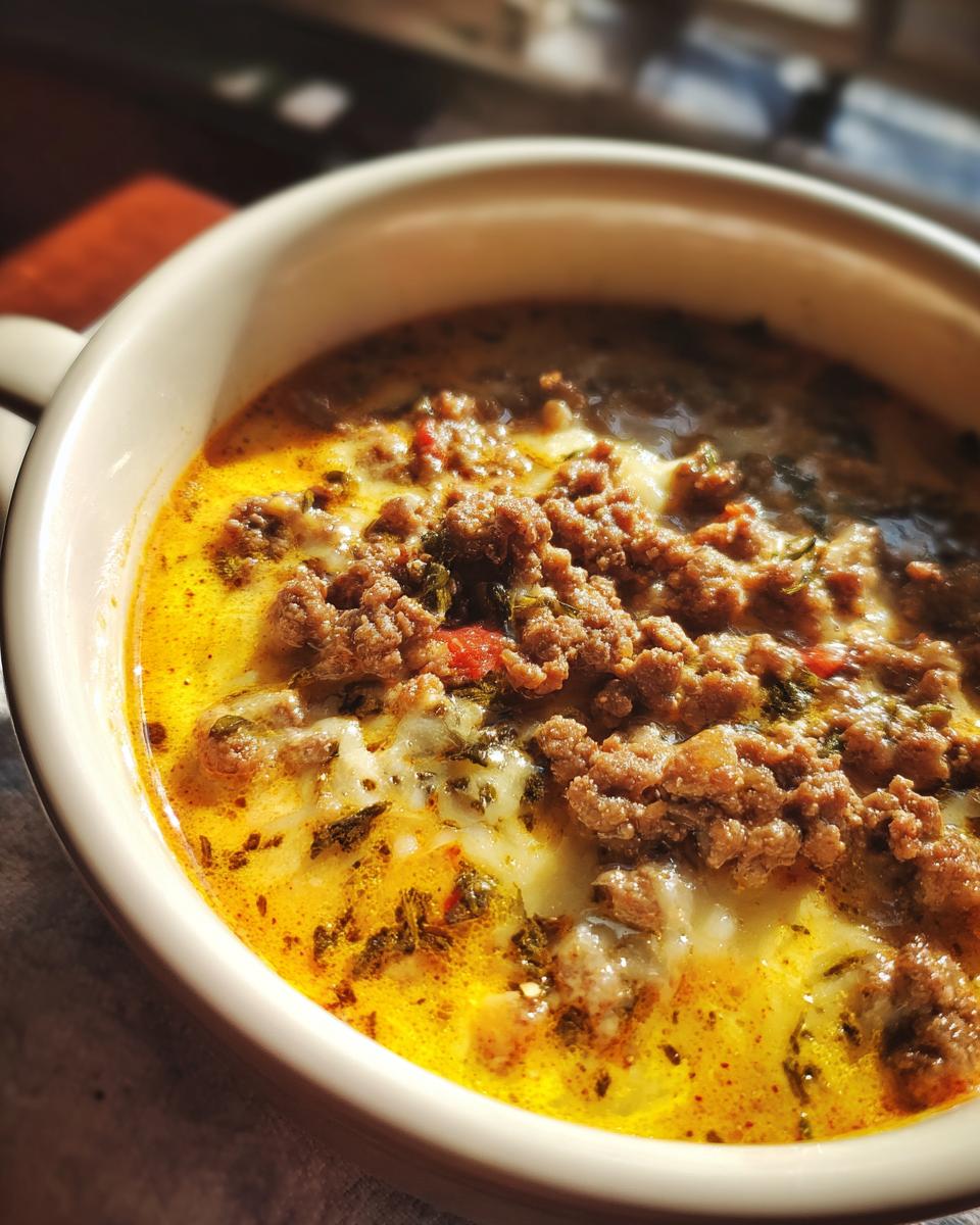 Close-up of a bowl of Pizzasuppe low carb, featuring ground meat, melted cheese, and herbs in a rich broth.