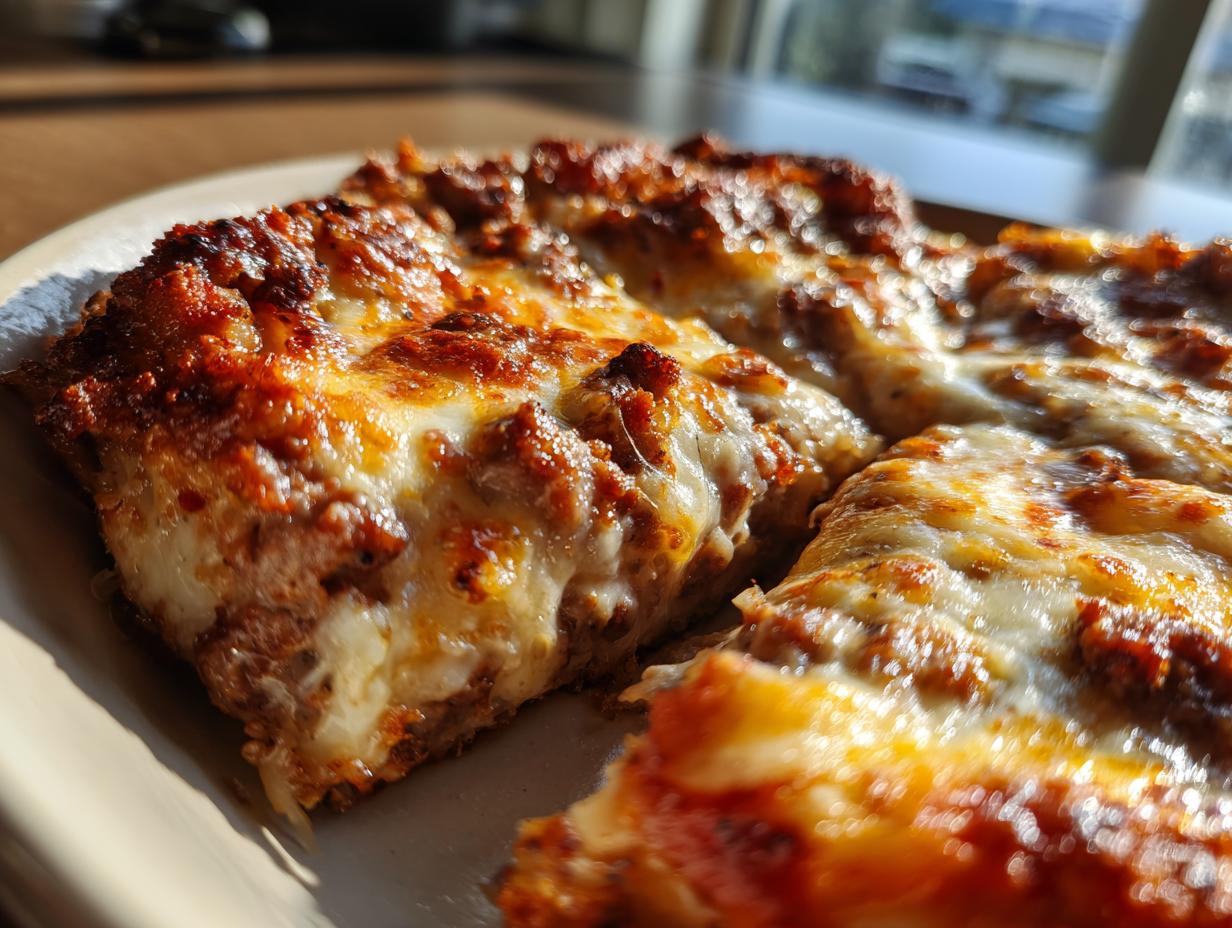 Nahaufnahme von herzhaften Scheiben Pizzasuppe low carb mit geschmolzenem Käse und Hackfleisch.