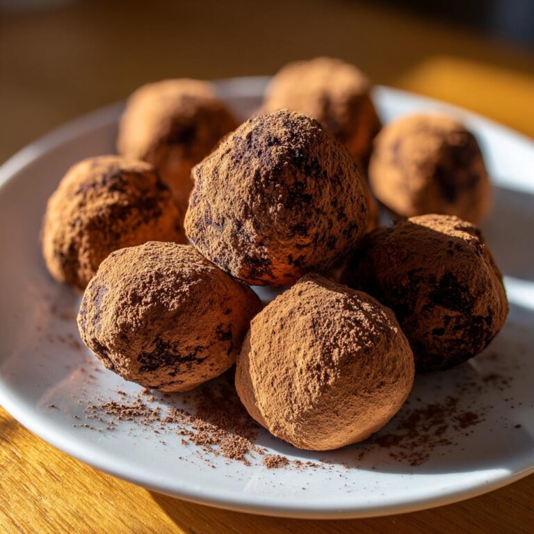 Nahaufnahme von Pralinen für Weihnachten, Schokoladentrüffel mit Kakaopulver bestäubt, auf einem weißen Teller.