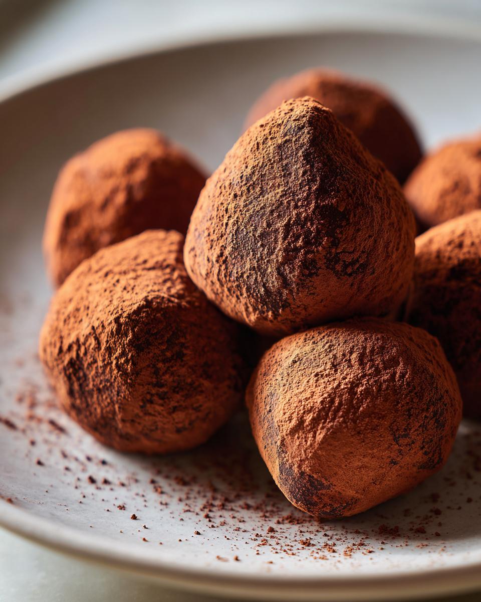 Eine Nahaufnahme von Pralinen für Weihnachten, bedeckt mit Kakaopulver, auf einem Teller.