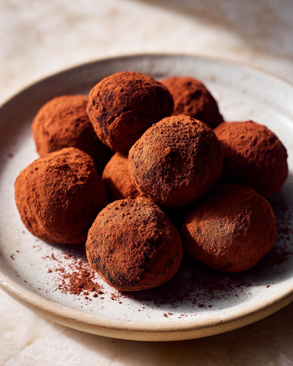 Eine Nahaufnahme von Schokoladen Trüffeln, bestäubt mit Kakaopulver, auf einem Teller, perfekt für Pralinen für Weihnachten.