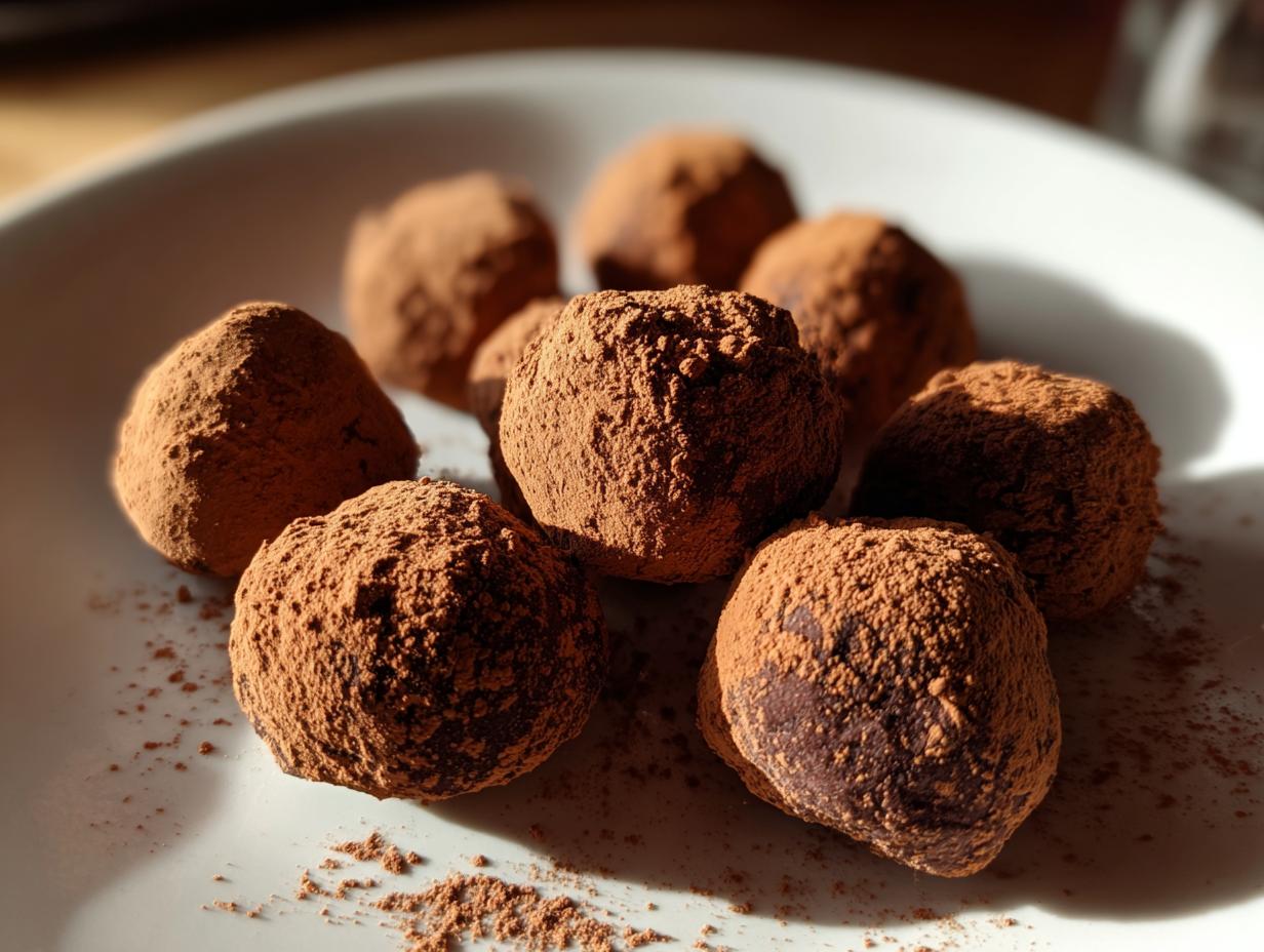 Eine Gruppe von Pralinen für Weihnachten, bedeckt mit Kakaopulver, auf einem weißen Teller.