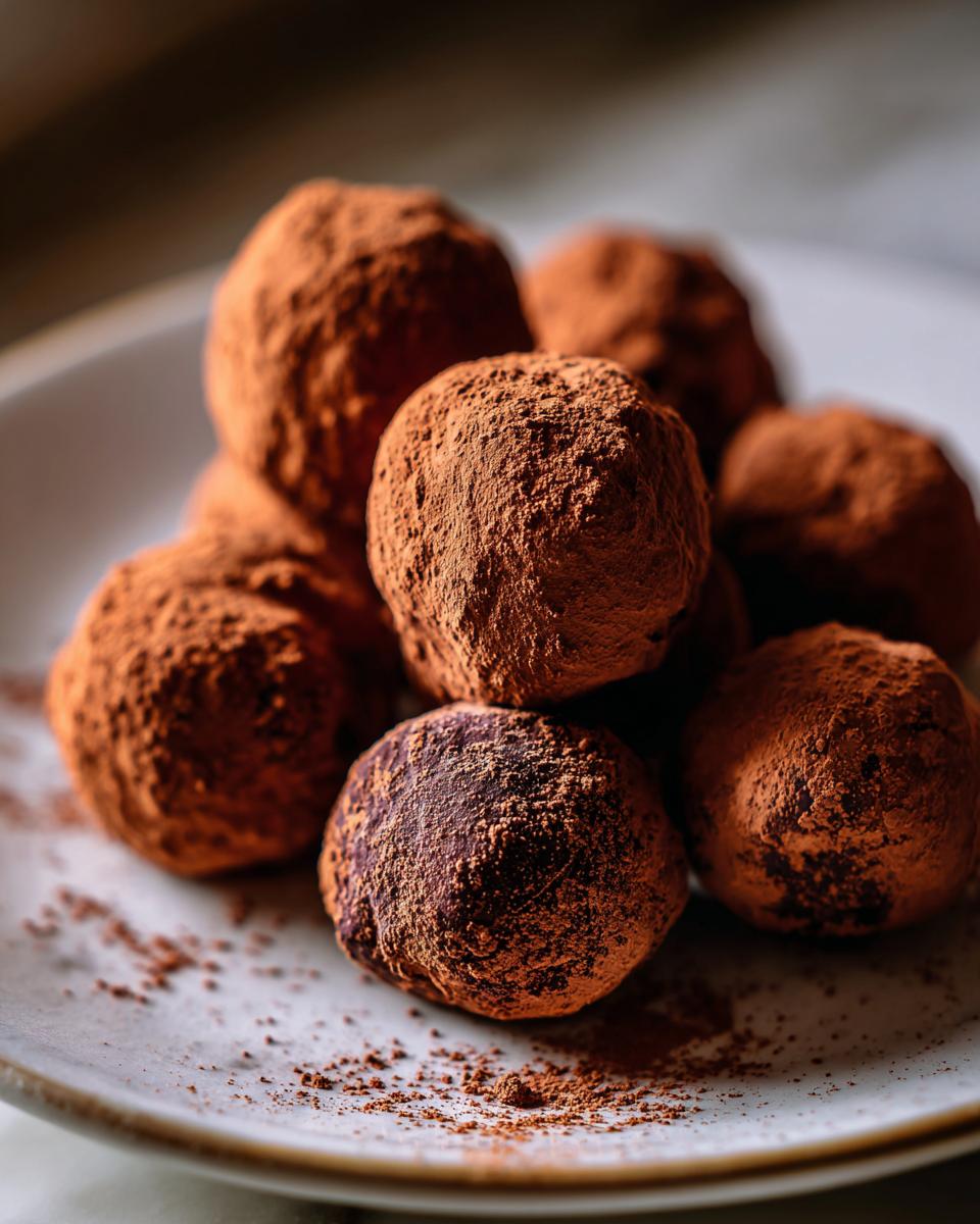 Eine Nahaufnahme von Pralinen für Weihnachten, bedeckt mit Kakaopulver, auf einem Teller.