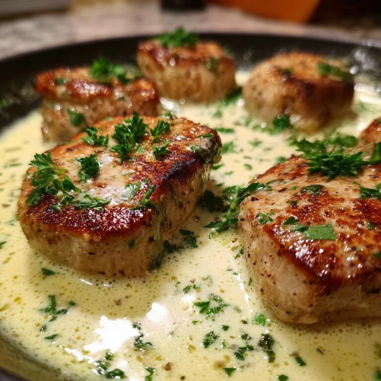 Leckere Puten-Medaillons in cremiger Lauch-Sahne-Sauce, garniert mit Petersilie.