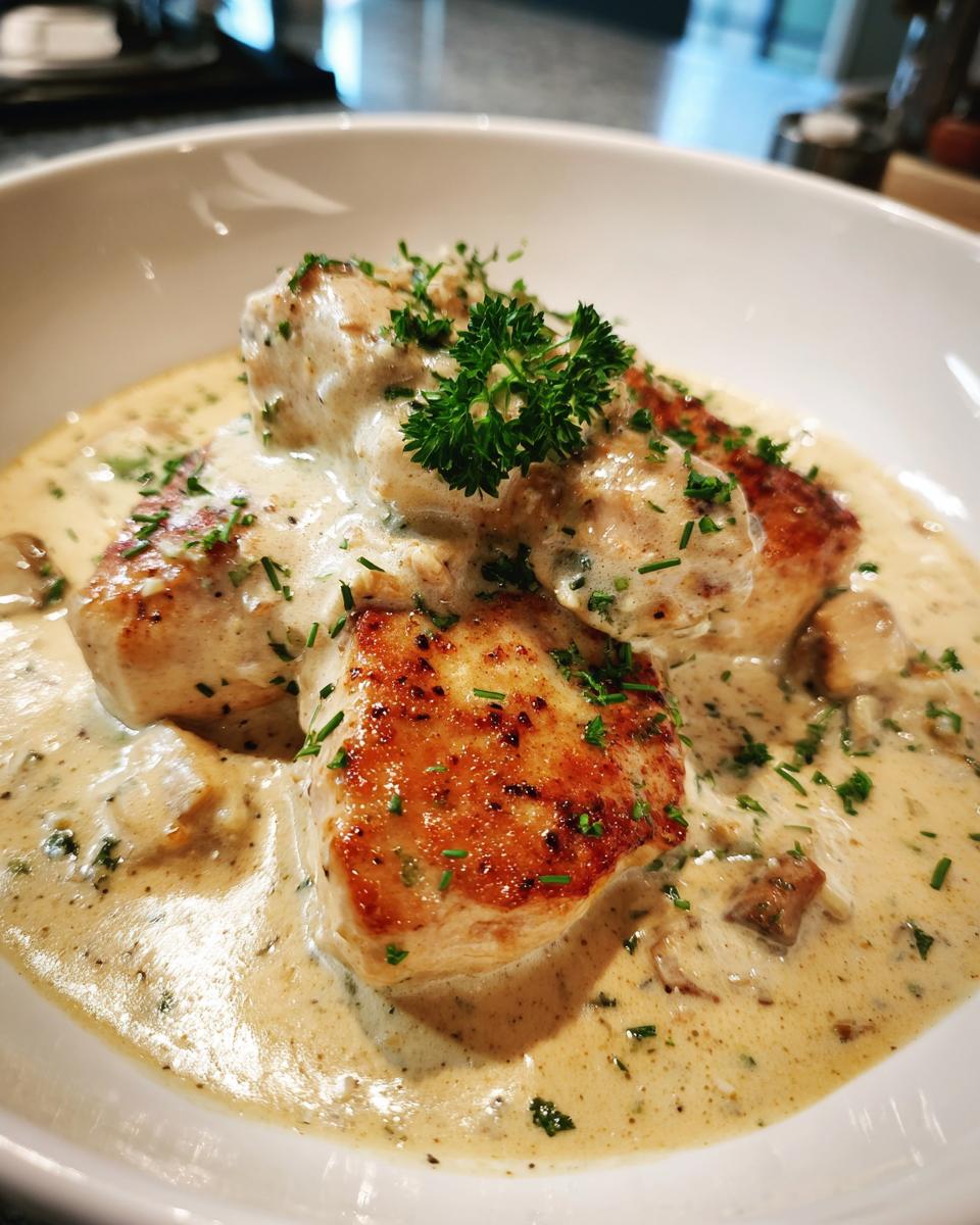 Puten-Medaillons in Lauch-Sahne-Sauce, garniert mit frischer Petersilie und Pilzen.