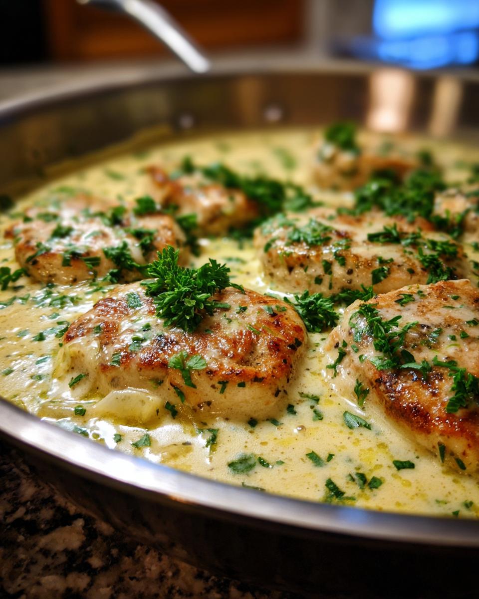 Puten-Medaillons in Lauch-Sahne-Sauce, garniert mit frischer Petersilie in einer Pfanne.