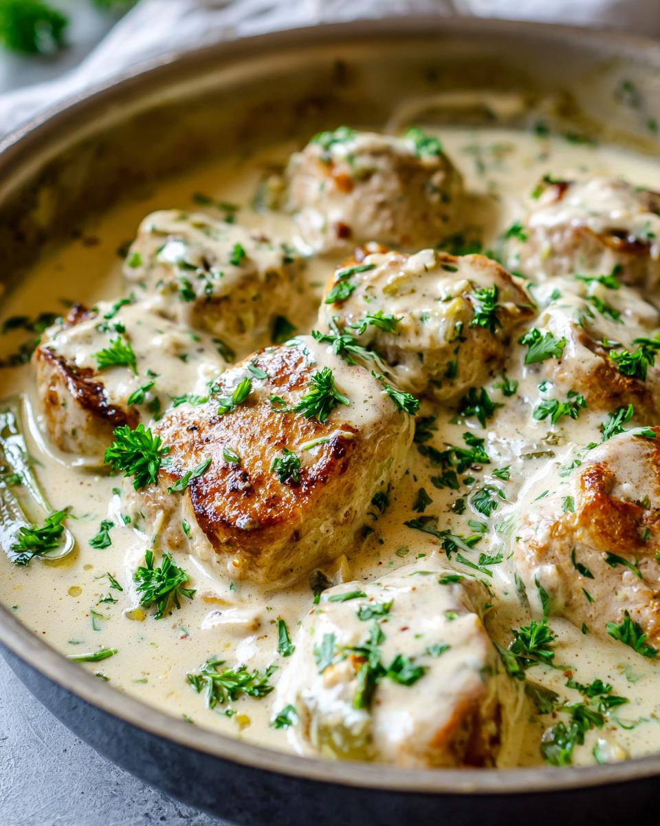 Puten-Medaillons in Lauch-Sahne-Sauce, garniert mit frischer Petersilie in einer Pfanne.