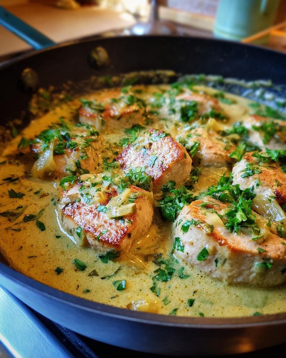 Puten-Medaillons in einer cremigen Lauch-Sahne-Sauce, garniert mit frischer Petersilie.