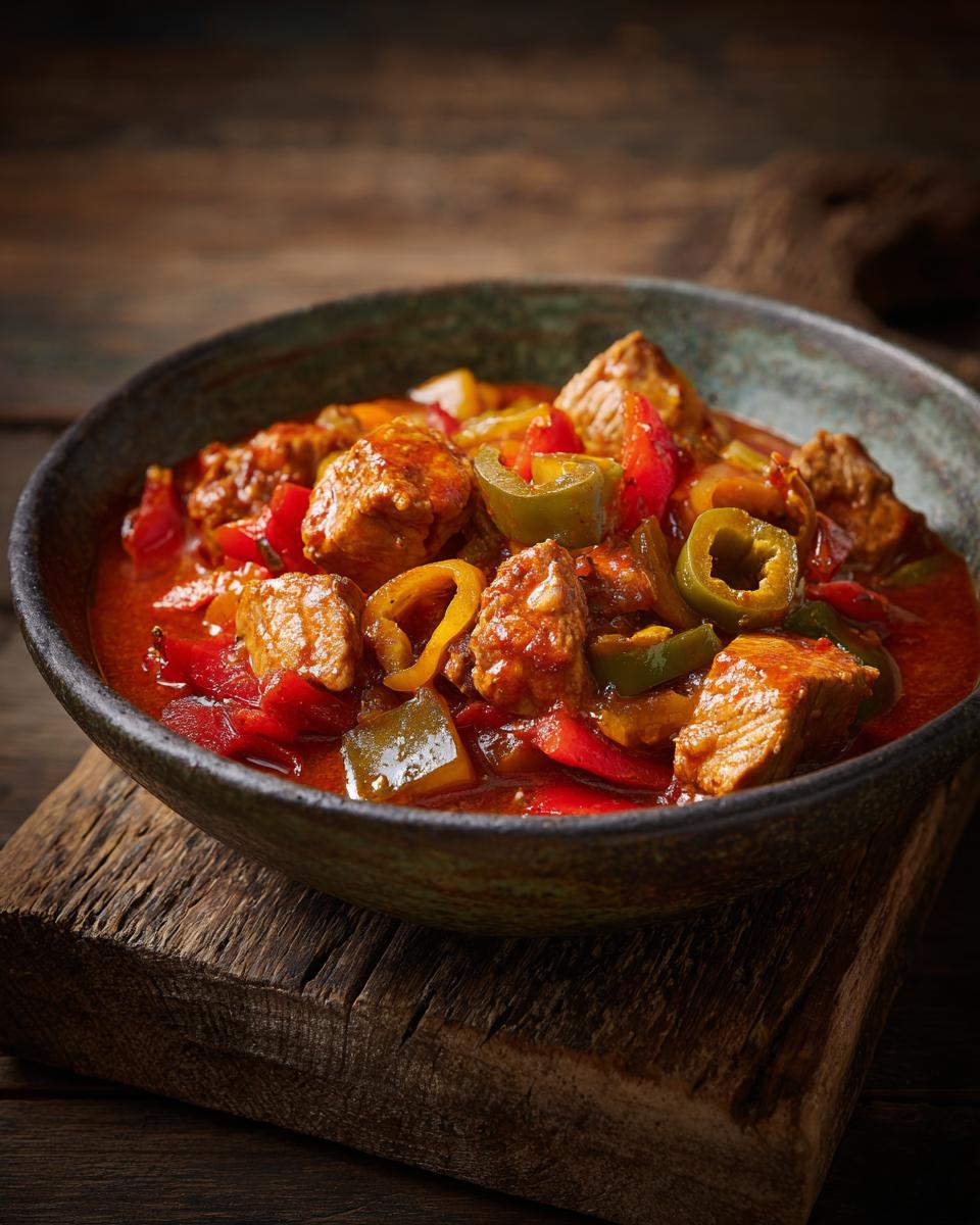 Eine Schüssel mit Putengulasch, reichlich garniert mit Paprikastücken und Jalapeños.