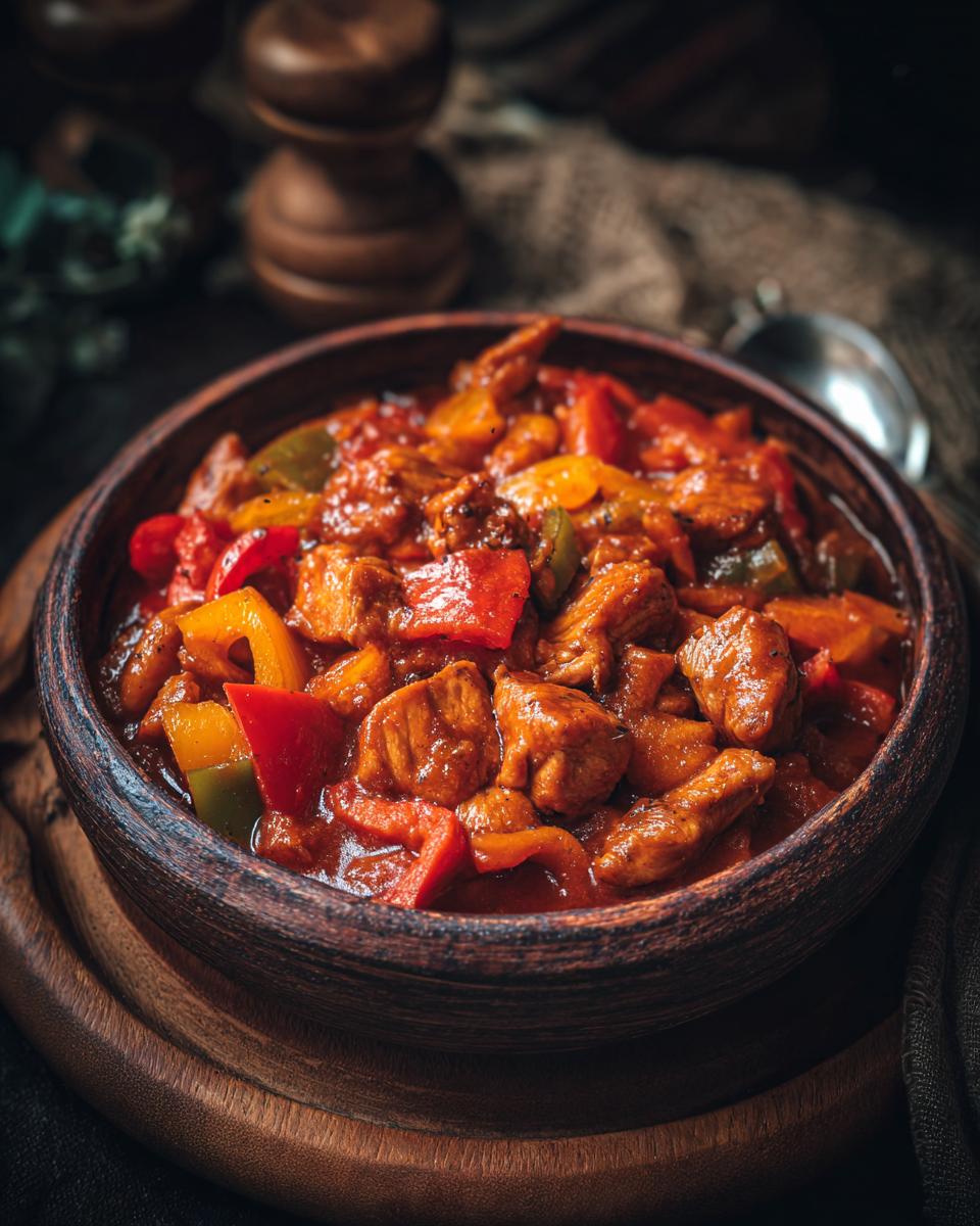 Eine Schüssel mit würzigem Putengulasch, das mit roten und gelben Paprikastücken serviert wird.