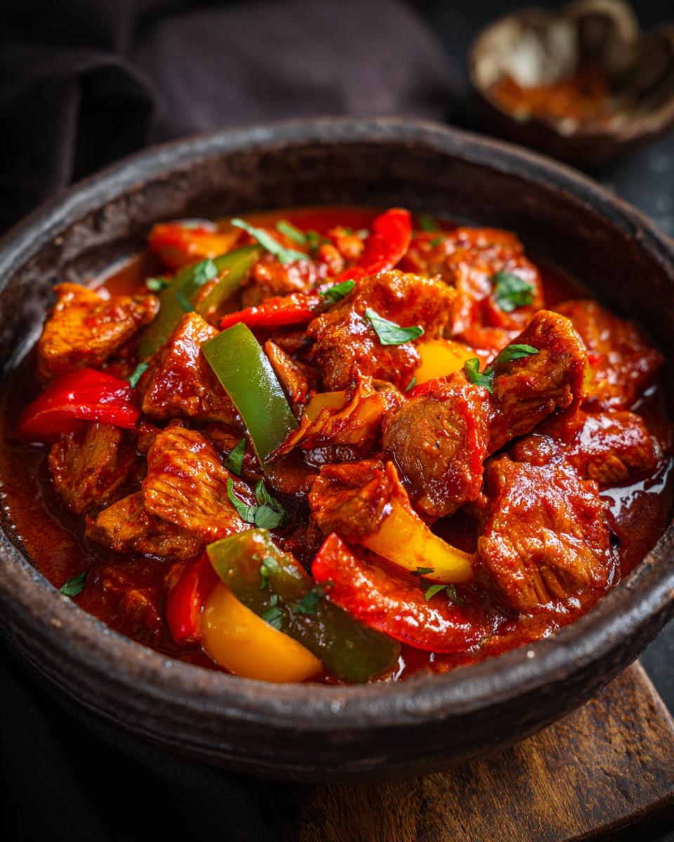 Nahaufnahme von Putengulasch mit Paprikastreifen in einer rustikalen Schüssel.