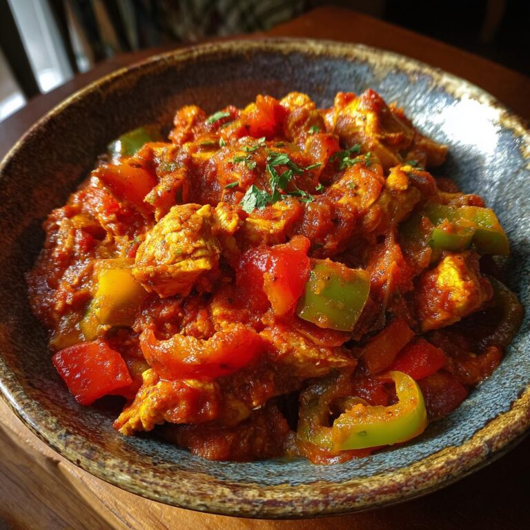 A close-up of Putengulasch, a hearty turkey goulash with chunks of turkey, red and green bell peppers in a rich tomato sauce.