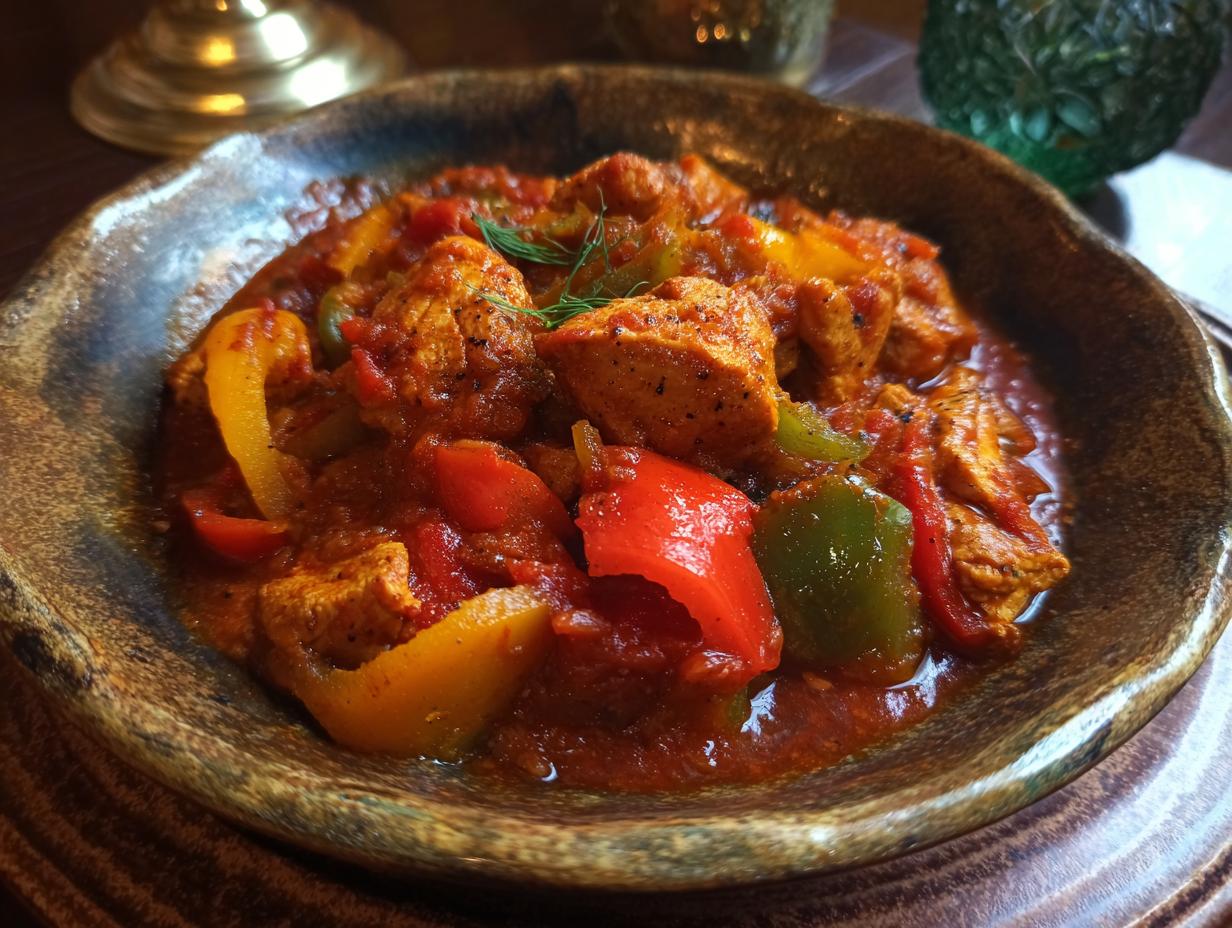 A close-up of Putengulasch, a hearty turkey goulash with chunks of turkey and colorful bell peppers in a rich tomato sauce.