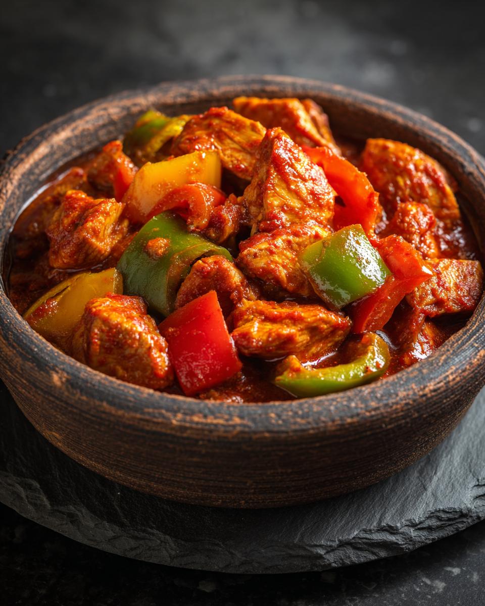 A close-up of Putengulasch, a German turkey goulash, with chunks of turkey and colorful bell peppers in a rich sauce, served in a rustic bowl.