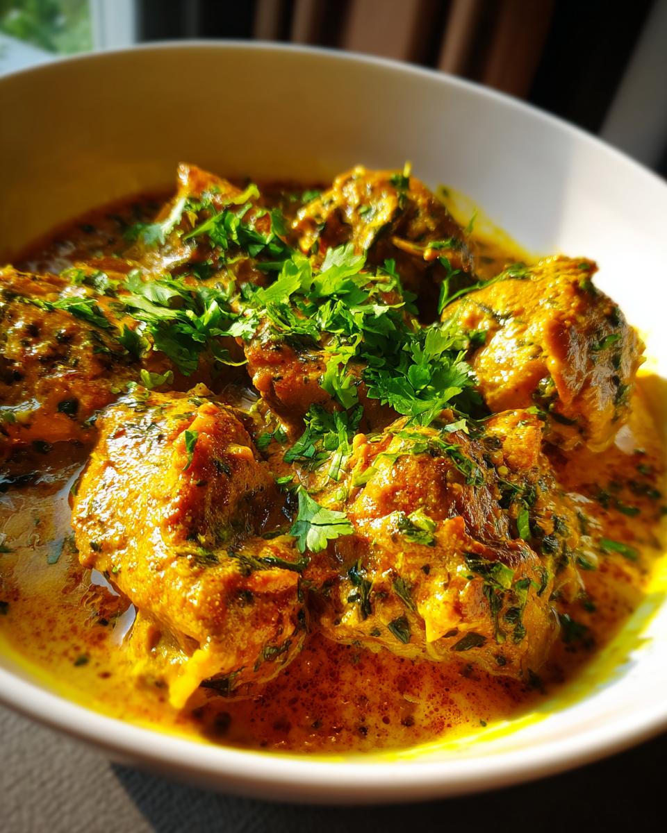 Nahaufnahme eines köstlichen Fleischgerichts in einer cremigen Currysauce, garniert mit frischen Kräutern. Rezepte mit Fleisch.