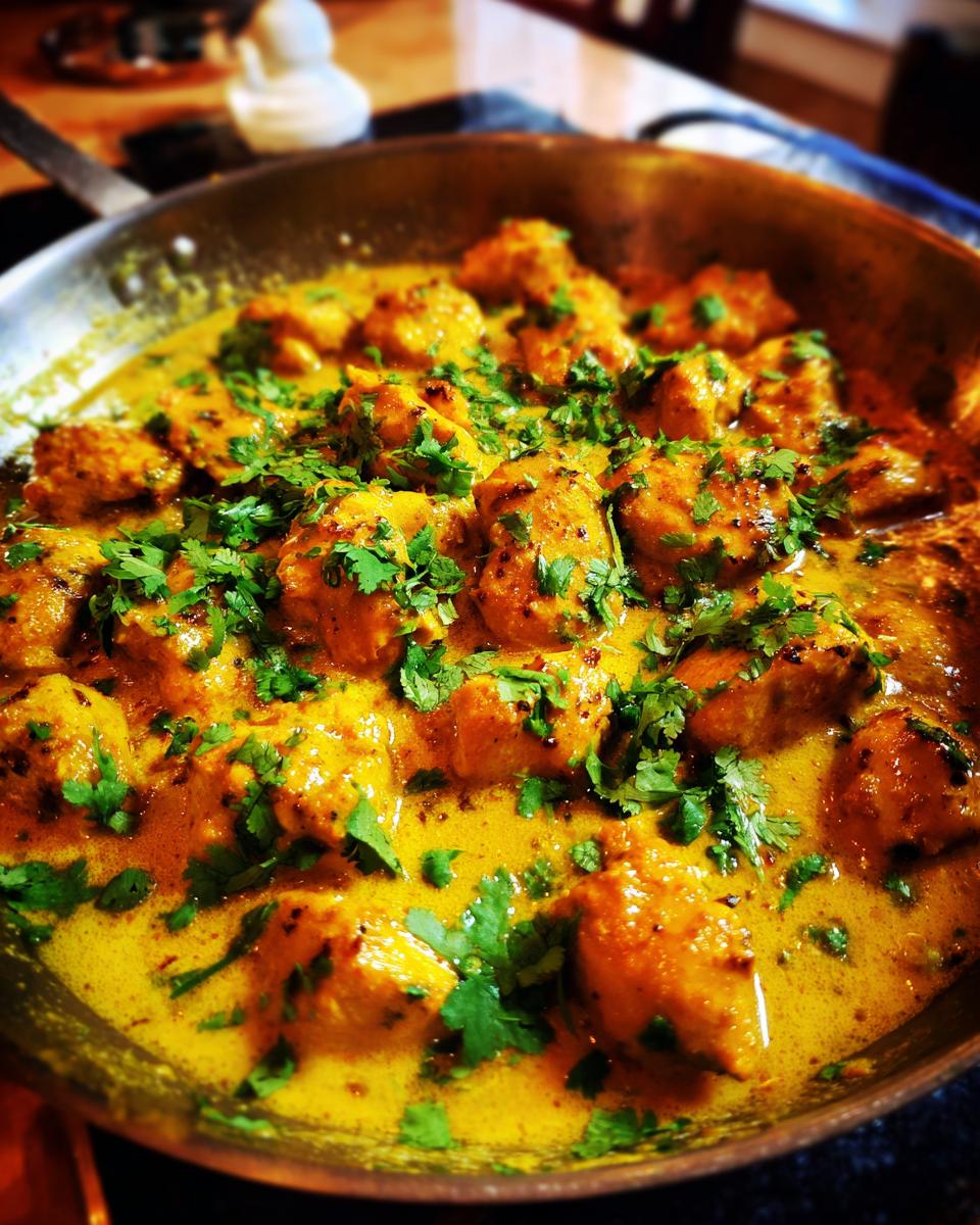 Nahaufnahme von saftigen Hähnchenstücken in einer cremigen, gelben Sauce, garniert mit frischem Koriander. Ein Gericht aus Rezepte mit Fleisch.