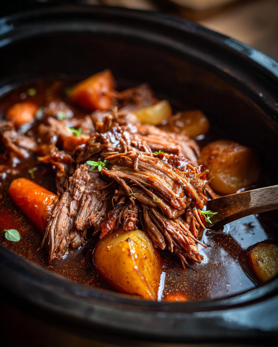 Rinderbraten im Schnellkochtopf mit zarten Fleischfasern, Karotten und Kartoffeln in dunkler Sauce.