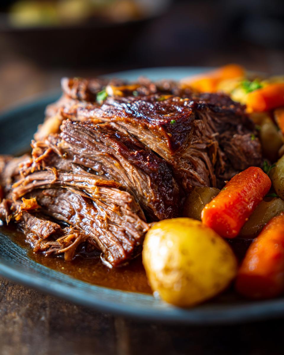 Rinderbraten im Schnellkochtopf: Zartes, geschmortes Rindfleisch serviert mit Kartoffeln und Karotten.