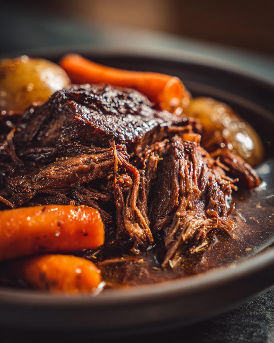 Rinderbraten im Schnellkochtopf, zartes Rindfleisch mit Karotten und Kartoffeln in dunkler Sauce.