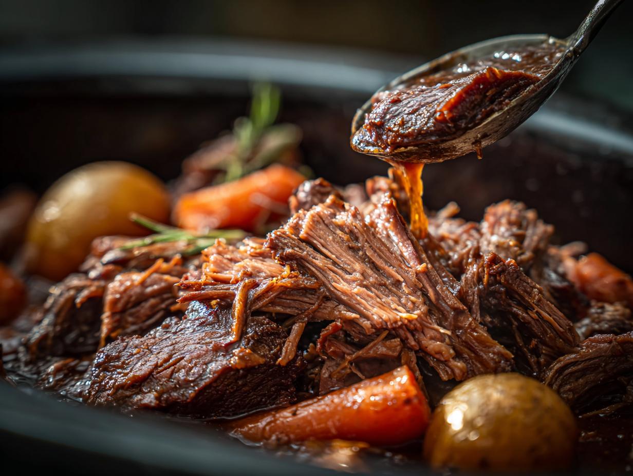 Nahaufnahme von Rinderbraten im Schnellkochtopf, mit einer Löffel voll Sauce, die über das zarte Fleisch gegossen wird. Kartoffeln und Karotten sind sichtbar.