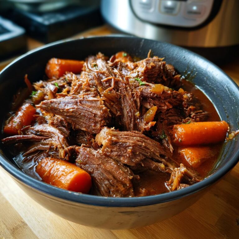 Eine Schüssel mit Rinderbraten im Schnellkochtopf, zartes Fleisch mit Karotten in einer reichen Soße.
