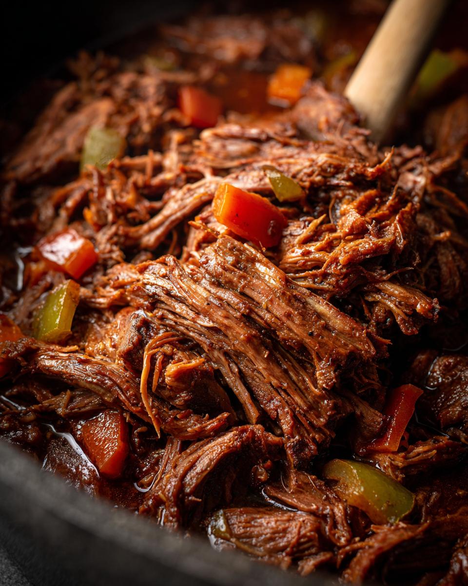 Nahaufnahme von Rinderbraten im Schnellkochtopf, zartes, geschmortes Fleisch mit Karotten- und Selleriestücken.