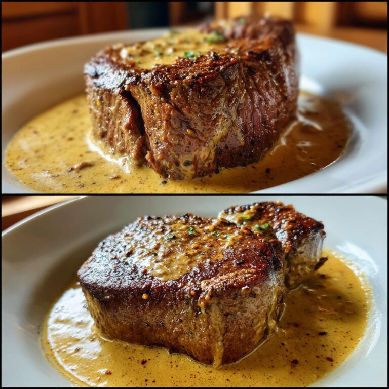 Zwei saftige Rinderfiletsteaks in einer cremigen Knoblauch-Dijon-Sahnesauce, garniert mit Kräutern.