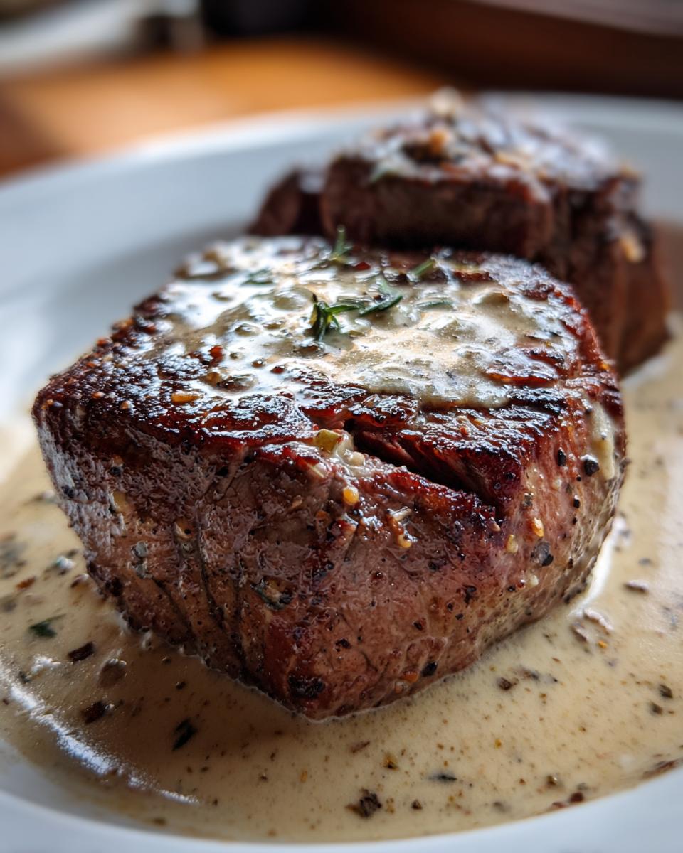 Saftiges Rinderfilet mit einer cremigen Knoblauch-Dijon-Sahnesauce und Kräutern.