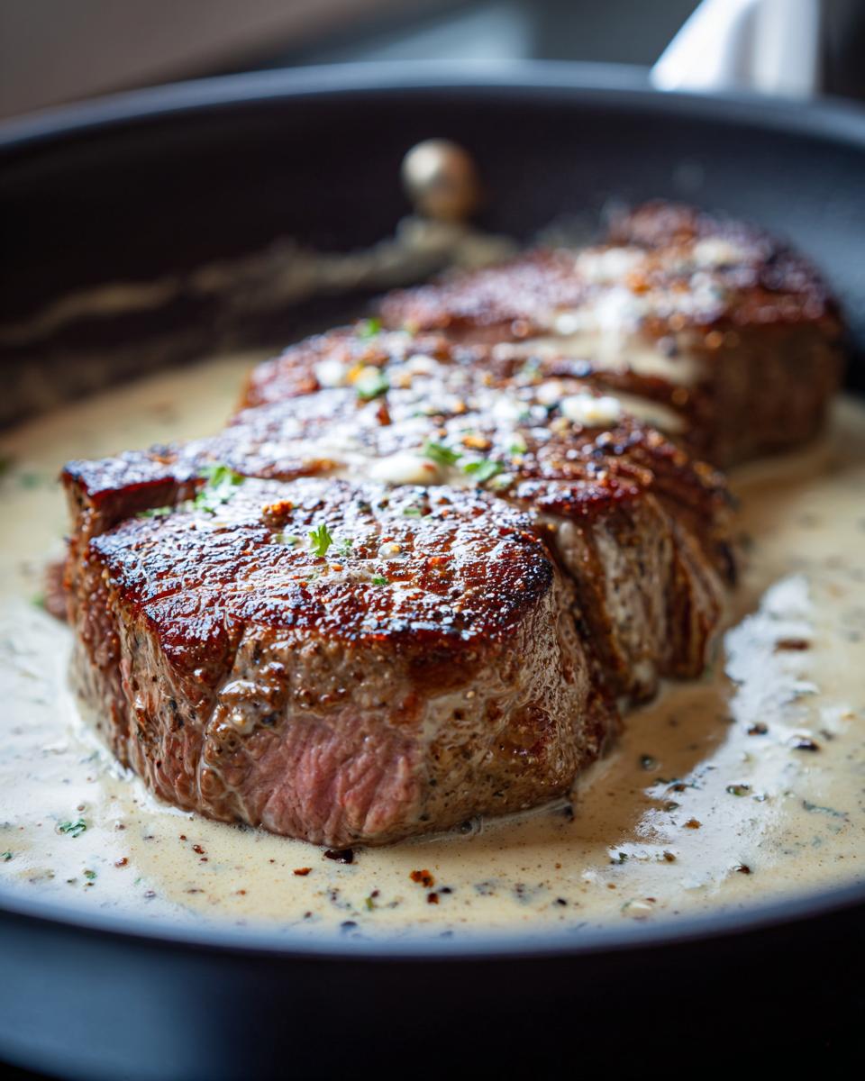 Perfekt gebratenes Rinderfilet in cremiger Knoblauch-Dijon-Sahnesauce, garniert mit Petersilie.