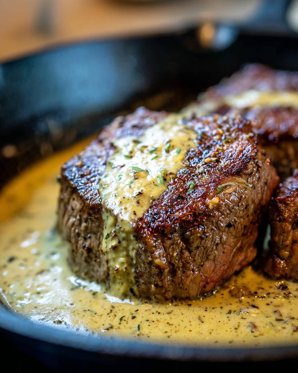 Saftiges Rinderfilet in einer cremigen Knoblauch-Dijon-Sahnesauce, garniert mit Kräutern.
