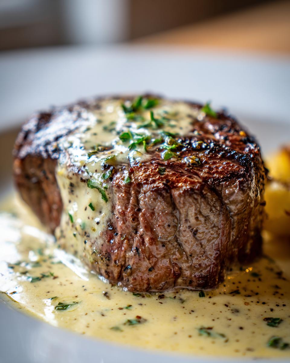 Ein saftiges Rinderfilet mit Knoblauch-Dijon-Sahnesauce, garniert mit frischen Kräutern.