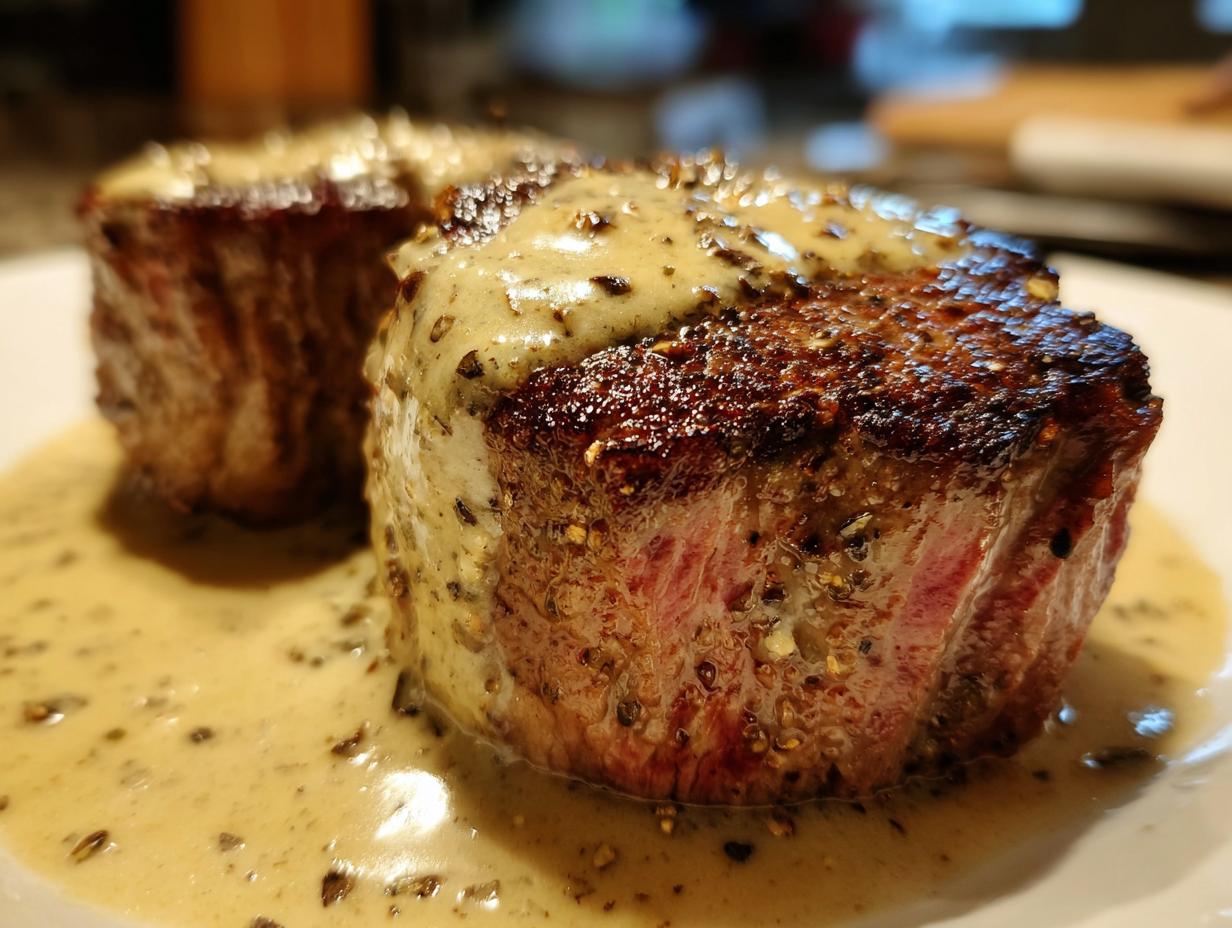 Zwei saftige Rinderfilet-Medaillons mit einer cremigen Knoblauch-Dijon-Sahnesauce, perfekt zubereitet.