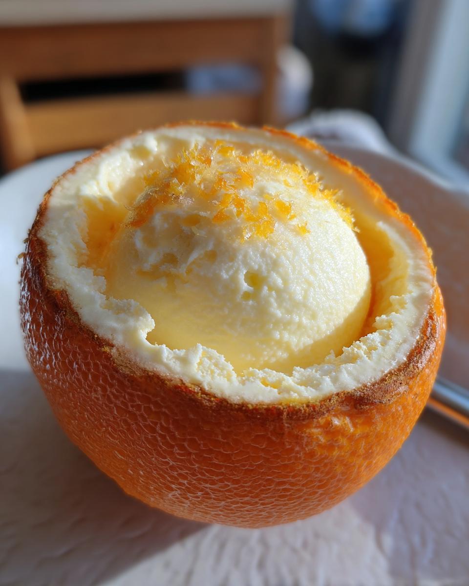 Ein Sahne Quark Dessert in einer ausgehöhlten Orange, garniert mit Orangenschale, als Weihnachtsdessert.