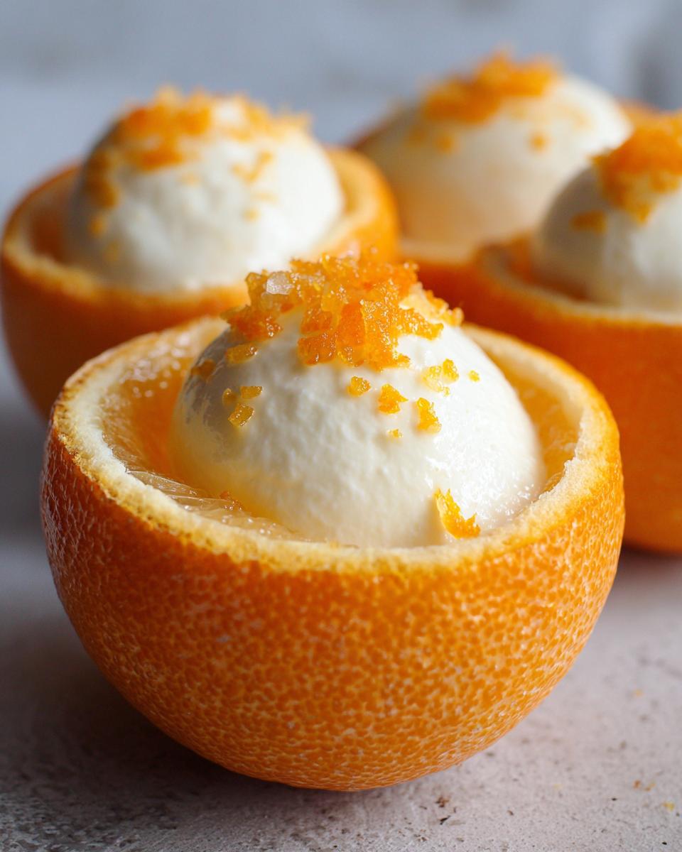 Nahaufnahme von Sahne Quark Dessert in gefüllten Orangen, garniert mit Orangenschale.
