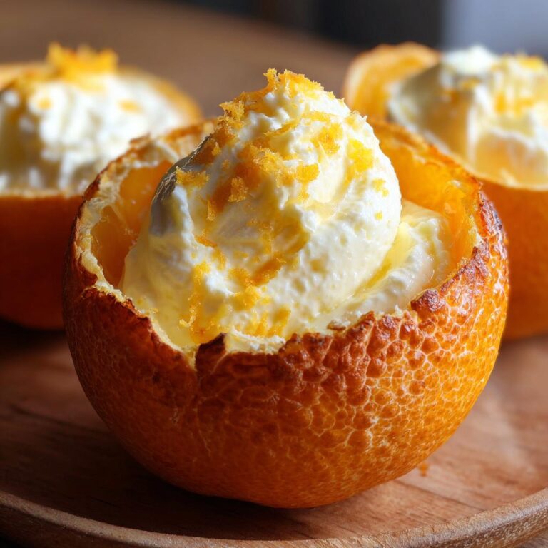 Ein Sahne Quark Dessert in gefüllten Orangen, garniert mit Orangenschale, perfekt als Weihnachtsdessert.