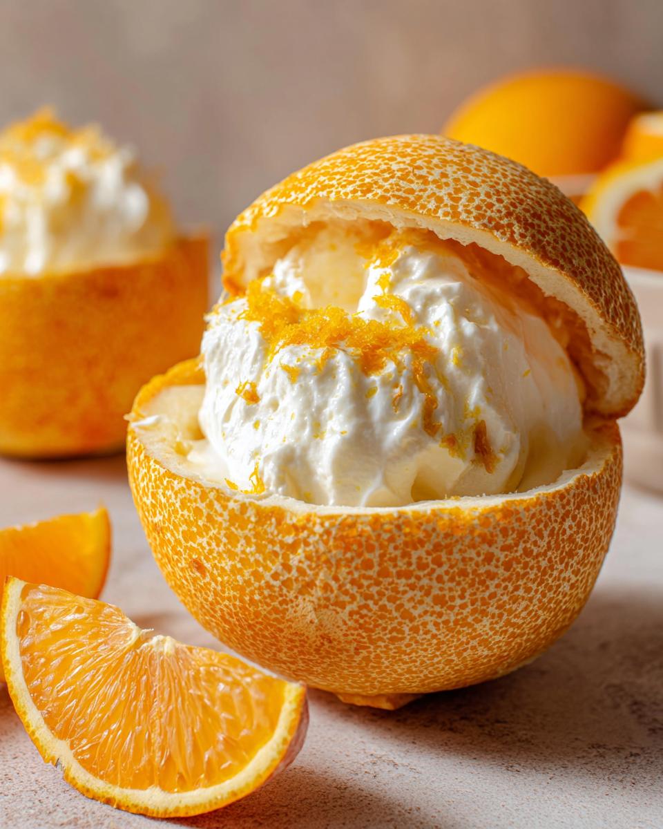 Ein Sahne Quark Dessert in einer ausgehöhlten Orange, garniert mit Orangenschale.
