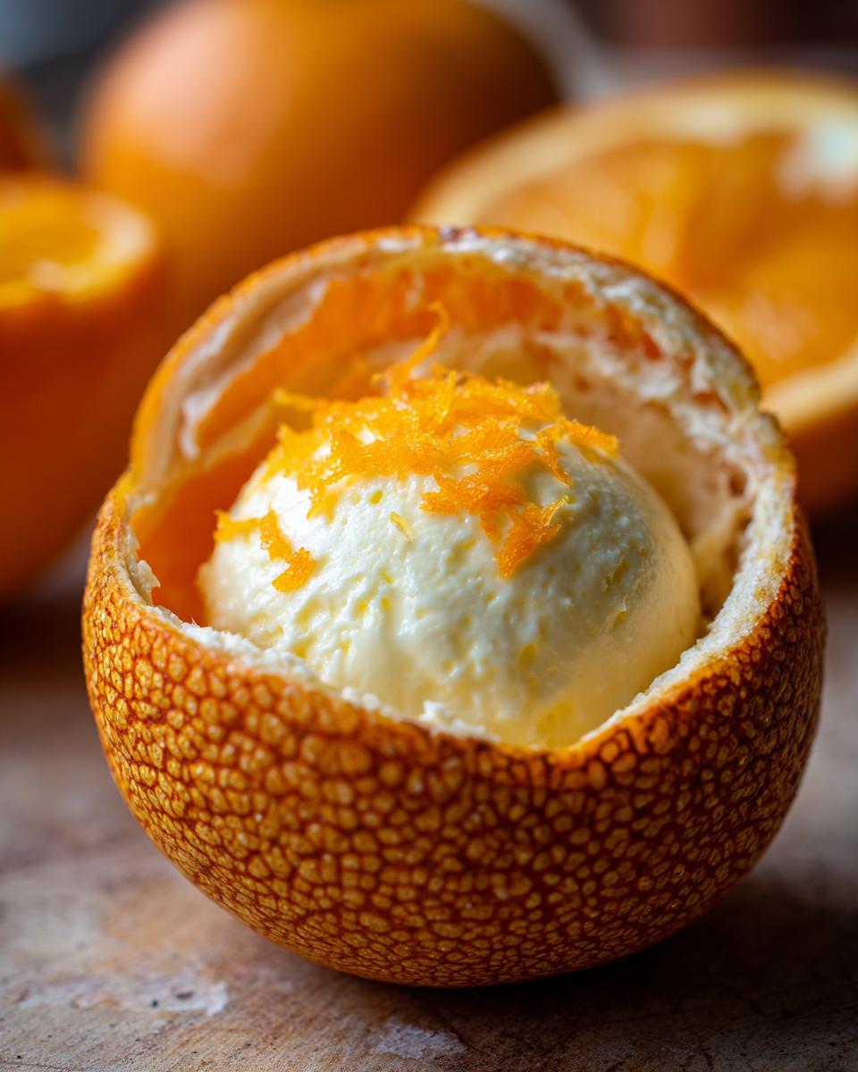 Ein Sahne Quark Dessert in einer gefüllten Orange, garniert mit Orangenschale, als Weihnachtsdessert.