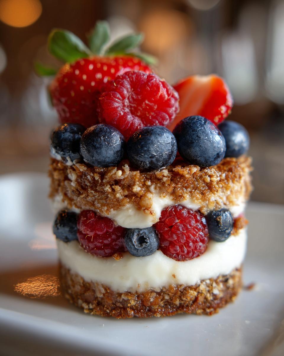 Ein Schichtdessert mit Beeren, Creme und knusprigem Boden, garniert mit Erdbeeren, Himbeeren und Blaubeeren.