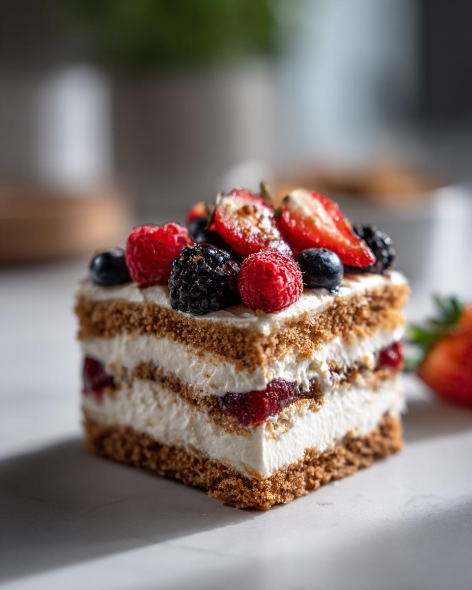 Ein Stück Schichtdessert mit Schichten von Biskuit, Sahne und Beeren, garniert mit frischen Beeren.