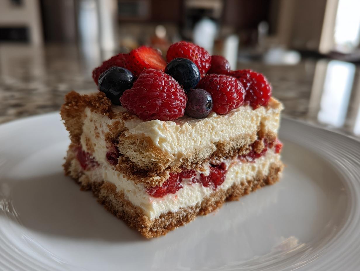 Ein Stück Schichtdessert mit Sahne, Biskuits und frischen roten und blauen Beeren.