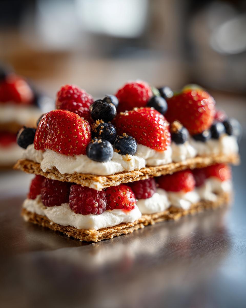 Close-up of a layered Schichtdessert with crispy pastry, whipped cream, strawberries, raspberries, and blueberries.