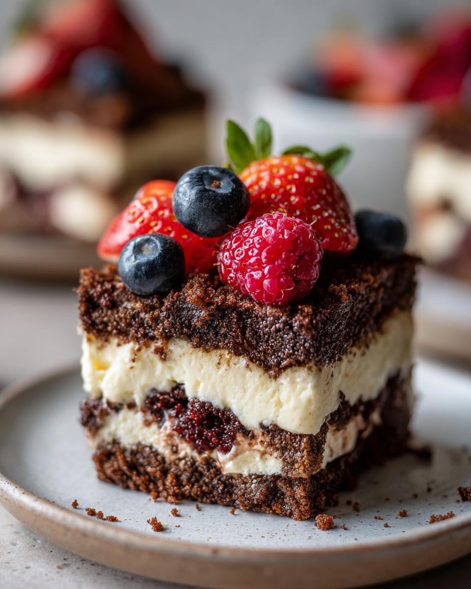 A slice of Schichtdessert featuring layers of chocolate cake, cream, and red berries, topped with fresh strawberries, raspberries, and blueberries.