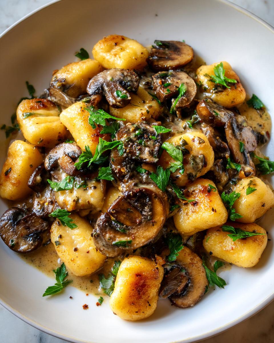 Eine Schüssel mit schneller und cremiger Gnocchi-Pilz-Pfanne, garniert mit Petersilie.