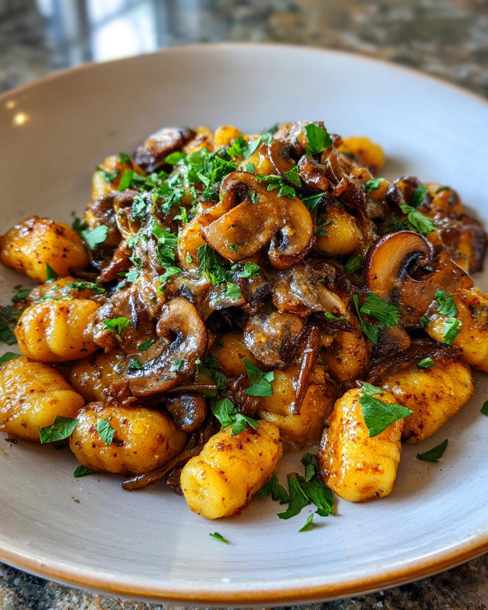 Eine Schüssel mit Schnelle und cremige Gnocchi-Pilz-Pfanne, garniert mit Petersilie.