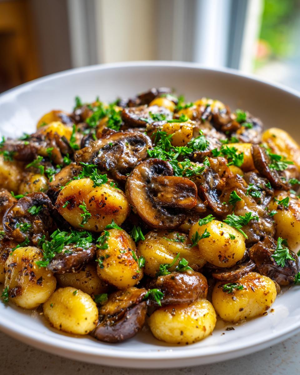 Nahaufnahme einer Schüssel mit schneller und cremiger Gnocchi-Pilz-Pfanne, garniert mit Petersilie.