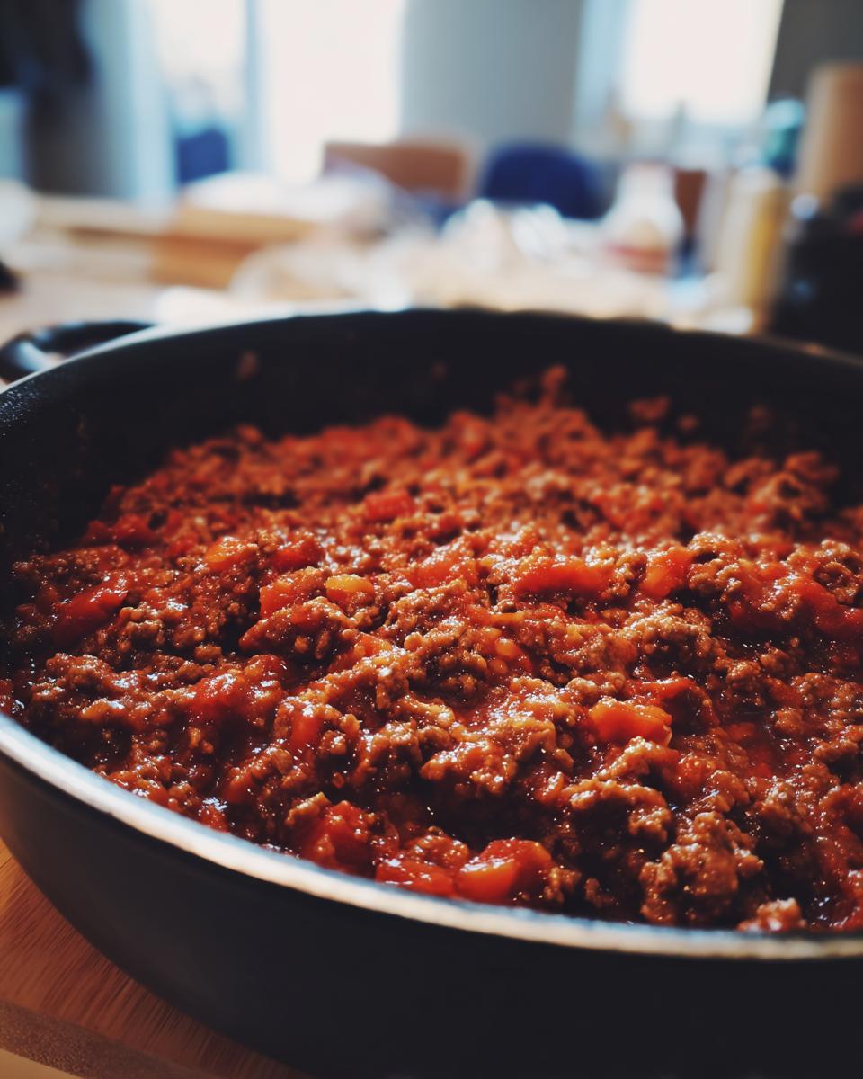 Eine Pfanne mit Hackfleisch-Tomaten-Sauce, perfekt für schnelle und einfache Weihnachtsessen.