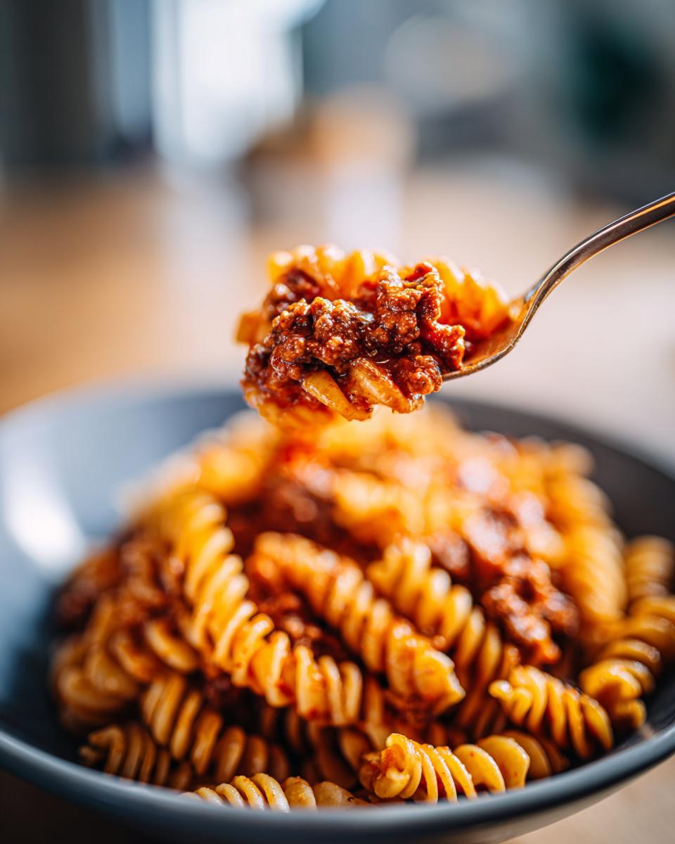 Eine Gabel mit Nudeln und Hackfleischsauce, bereit zum Essen, als Teil von Schnelle und einfache Weihnachtsessen.