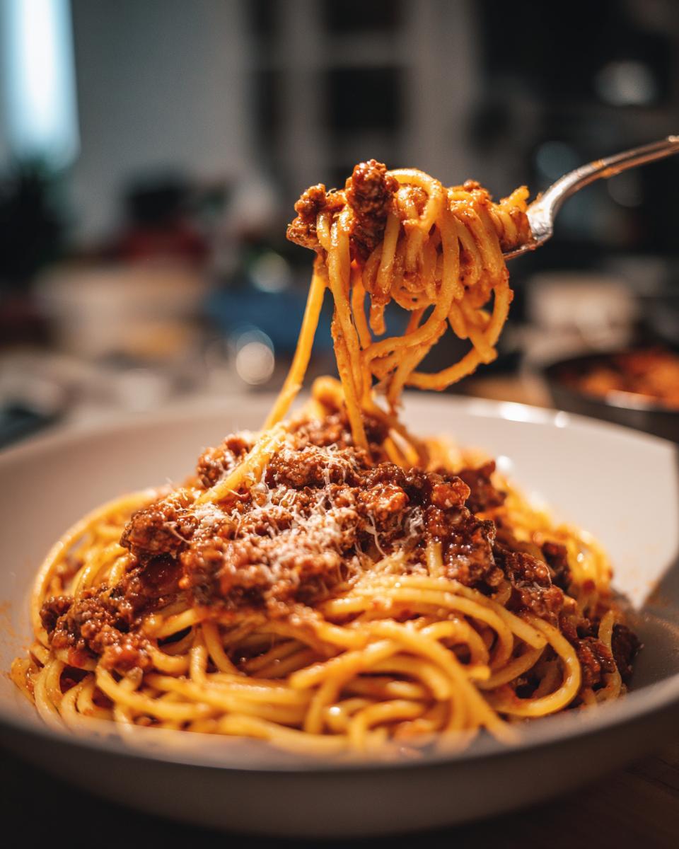 Eine Gabel hebt Spaghetti mit reichhaltiger Bolognese-Sauce und geriebenem Parmesan aus einer Schüssel, perfekt für schnelle und einfache Weihnachtsessen.