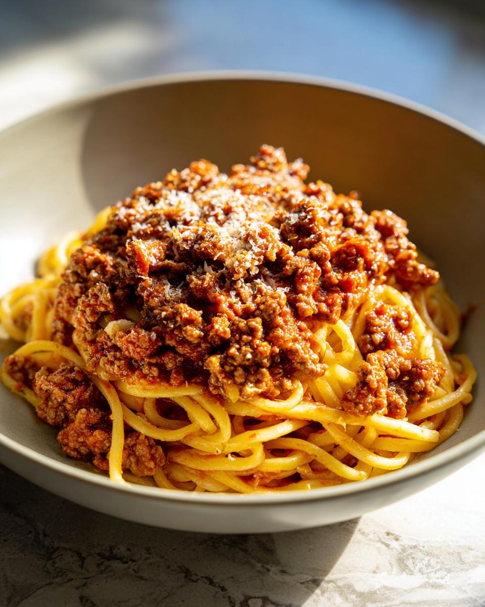 Eine Schüssel Spaghetti Bolognese, garniert mit geriebenem Parmesan, als schnelles und einfaches Weihnachtsessen.