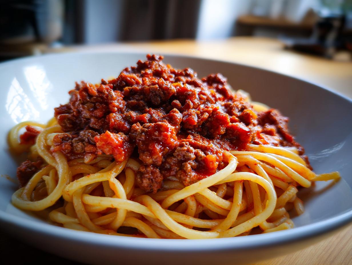 Eine Schüssel Spaghetti Bolognese, ein schnelles und einfaches Weihnachtsessen.
